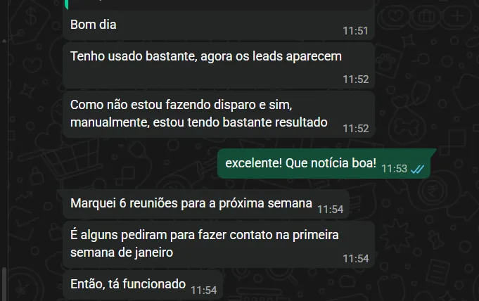 Conversa no WhatsApp: cliente marcou seis reuniões para a semana seguinte prospectando manualmente