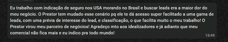 Mensagem de cliente: buscar leads era a maior dor do negócio e o Prestor virou parceiro de negócios